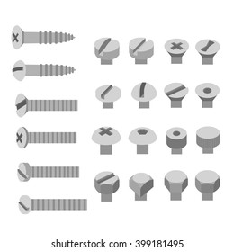 Screws and nuts set. Socket hexagon head bolts, nut and washers. Illustration in the flat style