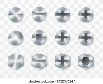 Screws, rivets and bolts set. Vector illustration isolated on transparent background