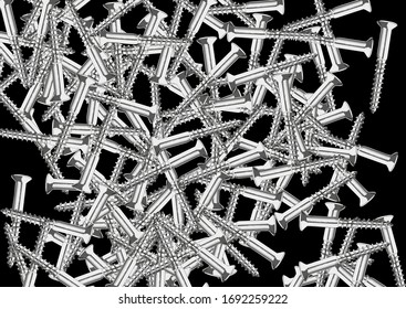 Screws scattered with a black background. Realistic style vector illustration.