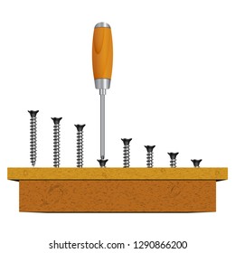 Screws, screwdriver and wood planks. Vector illustration. 