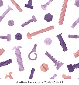 Screws seamless pattern. Construction and repair tools, different fasteners. Industrial style print for fabric, website backdrop, neoteric vector background