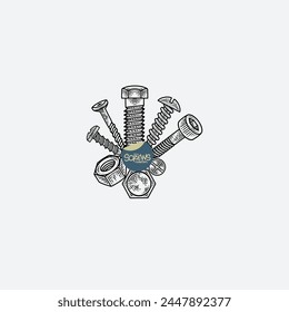 Screws,nuts,nails and wall plugs collection - vector outline illustration.