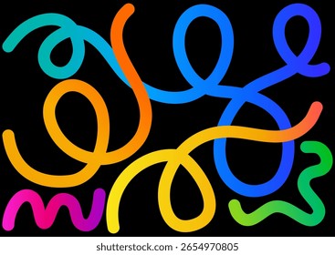 Colección de línea de color Abstractas Scribble. Ondas degradadas, cintas de arco iris sobre fondo negro. Para textiles, telas, Fondo de pantalla, telón de fondo, papel. Ilustración vectorial