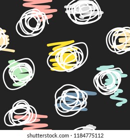 Scribble abstract pattern. White and colorful element on dark background. Ideal for textile, poster, card,banner,birthday and party invitation, wallpaper or background.