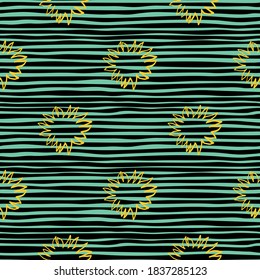 Scribble abstrakte Stern Silhouetten nahtlos doodle Muster. Gelbe vergossene Sonnenelemente auf gestreiftem blauem und schwarzem Hintergrund. Perfekt für Stoffdesign, Textilien, Umhüllung, Cover. Vektorgrafik