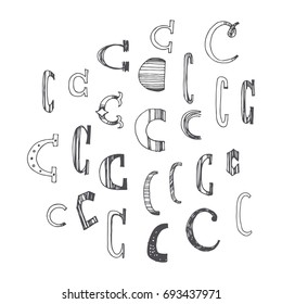 Scribble alphabet. Doodle ABC. Vector set of hand drawn various letter C