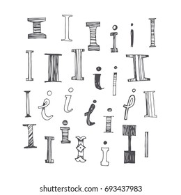 Scribble alphabet. Doodle ABC. Vector set of hand drawn various letter I