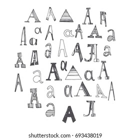 Scribble alphabet. Doodle ABC. Vector set of hand drawn various letter A