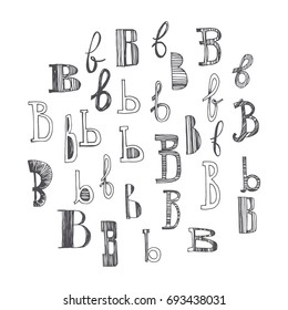 Scribble alphabet. Doodle ABC. Vector set of hand drawn various letter B