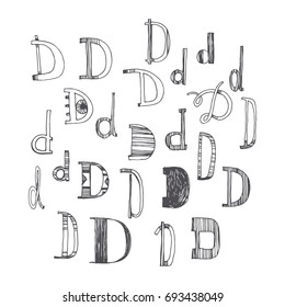 Scribble alphabet. Doodle ABC. Vector set of hand drawn various letter D