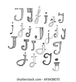 Scribble alphabet. Doodle ABC. Vector set of hand drawn various letter J