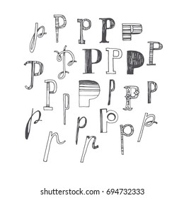 Scribble Alphabet. Doodle ABC. Vector Set Of Hand Drawn Various Letter P