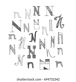 Scribble alphabet. Doodle ABC. Vector set of hand drawn various letter N