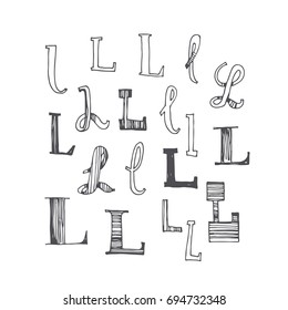 Scribble alphabet. Doodle ABC. Vector set of hand drawn various letter L