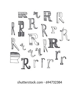 Scribble alphabet. Doodle ABC. Vector set of hand drawn various letter R