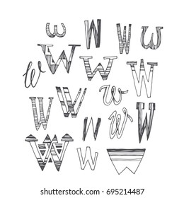 Scribble alphabet. Doodle ABC. Vector set of hand drawn various letter W
