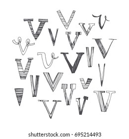 Scribble alphabet. Doodle ABC. Vector set of hand drawn various letter V