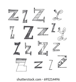 Scribble alphabet. Doodle ABC. Vector set of hand drawn various letter Z