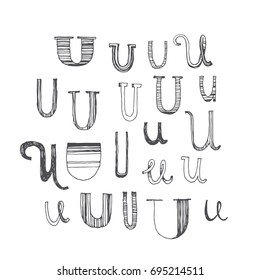 Scribble alphabet. Doodle ABC. Vector set of hand drawn various letter U