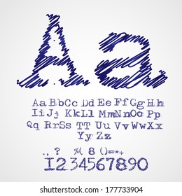 Scribble alphabet drawn with blue pen vector