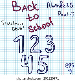 Scribble alphabet. Numbers. Hand drawing vector letters. Graph paper. Back to school theme. Part 6