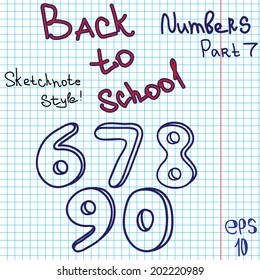 Scribble alphabet. Numbers. Hand drawing vector letters. Graph paper. Back to school theme. Part 7
