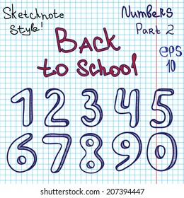 Scribble alphabet. Numbers. Hand drawing vector letters. Graph paper. Back to school theme. Part 2