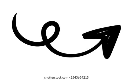 Sinal de seta de rabisco elemento de vetor desenhado à mão. Símbolo de Rabiscar Desenhado à Mão. Sinal de Ponteiro de Direção de Desenho do Marcador Isolado no Branco