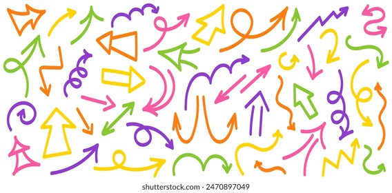 Scribble arrows collection. Children's Doodles Arrows, Pointers. Doodle arrow sketch sign and set of hand drawn. Colorful Arrows hand drawn with marker. Vector isolated illustration