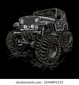 A ilustração de arte rabiscada do vetor de imagem do jipe off road é perfeita para sua camiseta imprimível, cartaz, banner e também adequado para outras coisas