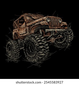 A ilustração de arte rabiscada do vetor de imagem do jipe Off road é perfeita para sua camiseta imprimível, cartaz, banner e também adequado para outras coisas