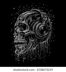 The scribble art illustration of skull with headset image vector is perfect for your printable t-shirt,poster,banner and also suitable for other stuffs