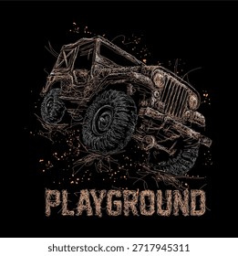 Scribble art vector ilustration of 4x4 offroad car was driving on rocks almost overturned