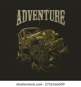 Ilustración vectorial de estilo artístico de garabato de un vehículo todoterreno 4x4 que atraviesa un camino rocoso, adecuado para diseños de camisetas, carteles, Anuncios y Fondos de pantalla