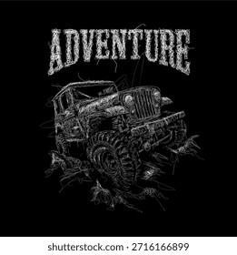 Ilustración vectorial de estilo artístico de garabato de un vehículo todoterreno 4x4 que atraviesa un camino rocoso, adecuado para diseños de camisetas, carteles, Anuncios y Fondos de pantalla