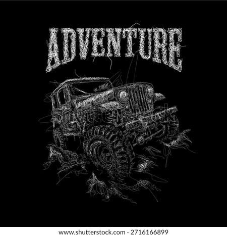 Scribble art-style vector illustration of a 4x4 off-road vehicle traversing a rocky road, suitable for T-shirt designs, posters, banners, and wallpapers