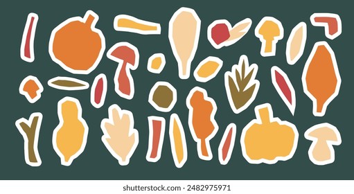 Pegatinas de otoño con hojas, calabazas, setas y ramitas en colores cálidos de otoño. Vector dibujado a mano ilustración.