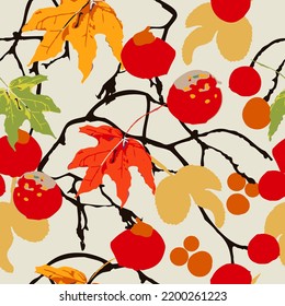 Scribble autumn trendy background with berries and maple leaves. Seamless pattern for fabric. 
