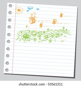Scribble bees flying over beautiful meadow