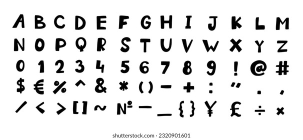 Scribble black english latin abc alphabet font with digits and symbols handmade A to Z, 0 to 9 set. Vector illustration in doodle style isolated on white background. For typography, learning, logo.