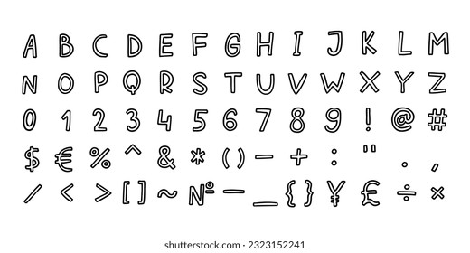 Scribble black english latin abc alphabet font with digits and symbols handwritten A to Z, 0 to 9 set. Vector illustration in doodle style isolated on white background. For learning, card, design.