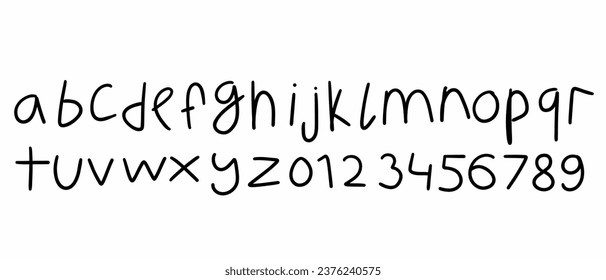 Scribble black english latin abc alphabet font A to Z and digits 0 to 9 set. Vector illustration in doodle hand drawn style isolated on white background. For decorating, logo, kids book, typography.