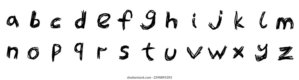 Scribble black english latin abc alphabet lower case font handwritten A to Z collection. Vector illustration in doodle style isolated on white background. For kids book, typography, logo, card, menu.