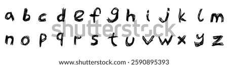 Scribble black english latin abc alphabet lower case font handwritten A to Z collection. Vector illustration in doodle style isolated on white background. For kids book, typography, logo, card, menu.