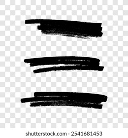 Scribble with a black marker. Set of three doodle style various scribbles. Black hand drawn design elements on transparent background. Vector illustration