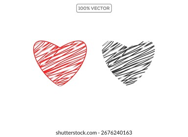 Scribble black  and red crayon heart vector set. Chalk love hearts. Charcoal texture romantic elements
