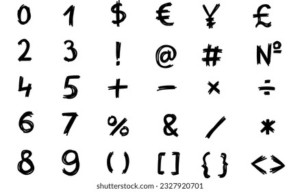 Scribble black special mathematical and other symbols and signs font 0 to 9. Vector illustration in hand drawn doodle style isolated on white background. For decorating, sales, card, learning, logo.