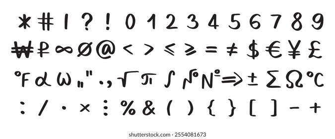 Scribble black special mathematical symbols, numbers and signs. Symbols are handwritten characters from the keyboard. Vector illustration