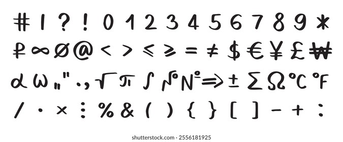 Scribble black special mathematical symbols, numbers and signs. Symbols are handwritten characters from the keyboard. Vector illustration