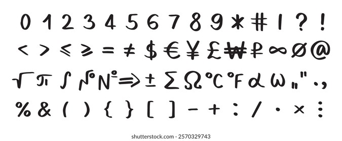 Scribble black special mathematical symbols, numbers and signs. Symbols are handwritten characters from the keyboard. Vector illustration